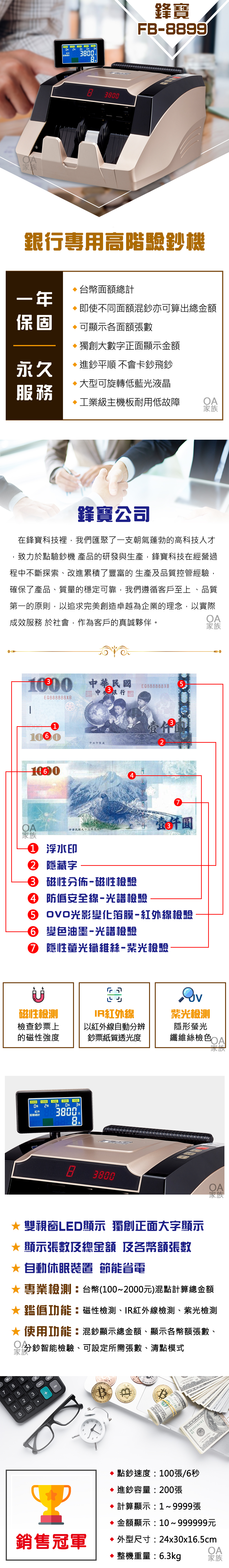家族200 1000 2红外500 200 100 00883800鋒寶FB8899銀行專用高階驗鈔機台幣總計一年即使不同面混鈔亦可算出總保固可顯示各面額數獨創大數字正面顯示金額永久進鈔平順不會卡鈔飛鈔可旋轉低藍光液晶服务工業級主機板耐用低故障家族鋒寶公司在鋒寶科技裡,我們匯聚了一支朝氣蓬勃的高科技人才,致力於點驗鈔機 產品的研發與生產,鋒寶科技在經營過程中不斷探索、改進累積了豐富的 生產及品質控管經驗,確保了產品、質量的穩定可靠,我們遵循客戶至上、品質第一的原則,以追求完美創造卓越為企業的理念,以實際成效服務 於社會,作為客戶的真誠夥伴。家族1000 中華民E0888888XB國E0888888XB壹件1060中央印製廠27壹仟圓家族中華民國九十三年製版 浮水印② 隱藏字- 磁性分佈-磁性檢驗④ 安全線-光譜檢驗 光影變化箔膜-紅外線檢驗⑥ 變油墨-光譜檢驗 隱性螢光纖維絲-紫光檢驗磁性檢測R紅外線紫光檢測檢查鈔票上的磁性強度以紅外線自動分辨鈔票紙質透光度隱形螢光纖維絲檢色 OA家族2000 1000紅外 面額總計500 200 1003380083張日3800雙視窗LED顯示 獨創正面大字顯示* 顯示張數及總金額 幣額張數* 自動休眠裝置 節能省電* 專業檢測台幣(100~2000元)混點計算總金額* 鑑僞功能:磁性檢測、IR紅外線檢測、紫光檢測使用功能:混鈔顯示總金額、顯示各幣額張數、OA分鈔智能檢驗、可設定所需張數、清點模式家族M--000963KB 2732092①①HB05018278 IB2點鈔速度:100張/6秒進鈔容量:200張 計算顯示:1~9999張金額顯示:10~999999元銷售冠軍 外型尺寸:24x30x16.5cmOA 整機重量:6.3kg家族OA家族