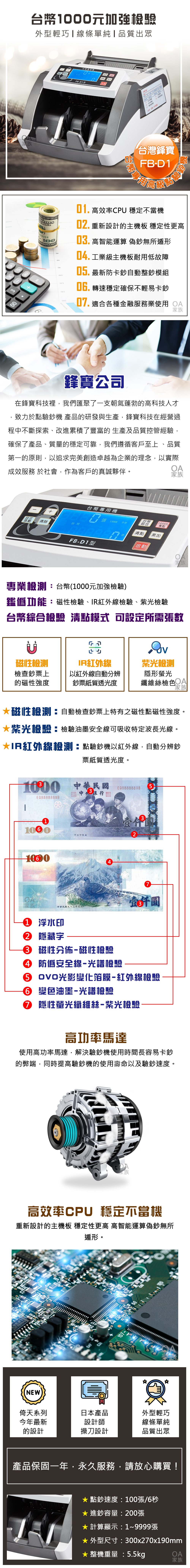 台幣10元加強外型輕巧線條單純品質出眾300TES R 台幣專用機FB-D1型台灣鋒寶FB-D1台幣 高效率CPU 穩定不當機 重新設計的主機板 穩定性更高 高智能運算 偽鈔無所遁形 工業級主機板耐用低故障05. 最新防卡鈔自動整鈔模組轉速穩定確保不輕易卡鈔適合各種金融服務業使用 OA家族鋒寶公司在鋒寶科技裡我們匯聚了一支朝氣蓬勃的高科技人才致力於點驗鈔機 產品的研發與生產鋒寶科技在經營過程中不斷探索、改進累積了豐富的生產及品質控管經驗,確保了產品、質量的穩定靠,我們遵循客戶至上、品質第一的原則,以追求完美創造卓越為企業的理念,以實際成效服務 於社會,作為客戶的真誠夥伴。OA家族台幣專用機+台幣綜合1000元專點張 1000設定張數台幣清除清點累加張啟動FB-D1型家族專業檢測台幣(1000元加強檢驗)鑑僞功能磁性檢驗、IR紅外線檢驗、紫光檢驗台幣綜合檢驗 點 可設定所需張數磁性檢測檢查鈔票上的磁性強度IR紅外線以紅外線自動分辨鈔票紙質透光度紫光檢測隱形光纖維絲檢色OA家族磁性檢測:自動檢查鈔票上特有之磁性點磁性強度。紫光檢驗:檢驗油墨安全線可吸收特定波長光線。IR紅外線檢測:點驗鈔機以紅外線,自動分辨鈔票紙質透光度。1000 中華民E0888888XB5國E0888888XB11060中央印製廠437OA家族!中華民國九十三年 浮水印② 隱藏字 磁性分佈-磁性檢驗④ 安全線-光譜檢驗壹仟圓⑤ 光影變化箔膜-紅外線檢驗 變色油墨-光譜檢驗⑦ 隱性螢光纖維絲-紫光檢驗高功率馬達使用高功率馬達,解決驗鈔機使用時間長容易卡鈔的弊端,同時提高驗鈔機的使用壽命以及驗鈔速度。家族高效率CPU 穩定不當機重新設計的主機板 穩定性更高 高智能運算偽鈔無所遁形。NEW倚天系列今年最新日本產品外型輕巧設計師線條單純的設計操刀設計品質出眾產品保固一年,永久服務,請放心購買!*點鈔速度:100張/6秒* 進鈔容量:200張 計算顯示:1~9999張 外型尺寸:300x270x190mm* 整機重量:5.5kgOA家族